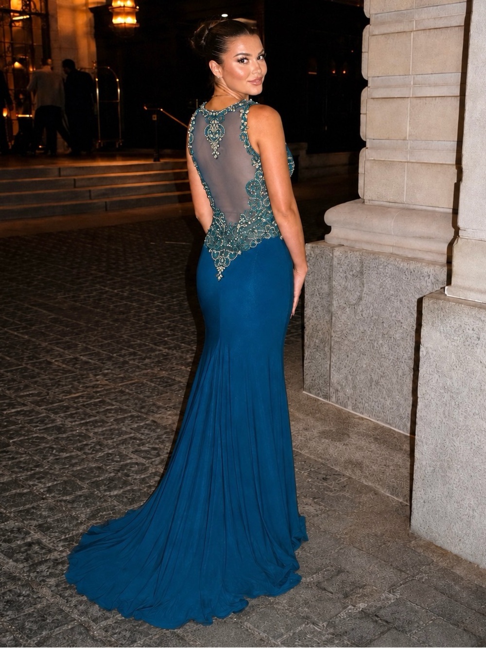 Atria Couture Teal Beaded Illusion Mermaid Prom Gown Size 2 Formal Dress